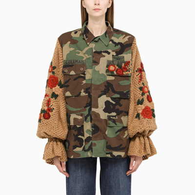 Shop Tu Lizé Green Camouflage Jacket With Crochet Sleeves In Multicolor