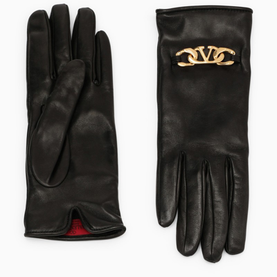 Shop Valentino Black Leather Gloves With Logo