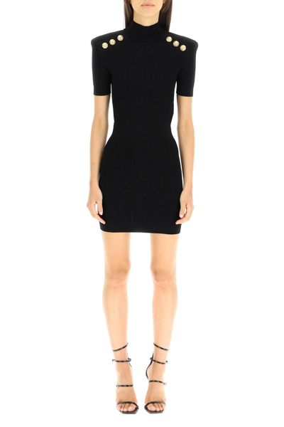 Shop Balmain Textured Knit Mini Dress With Buttons In Black