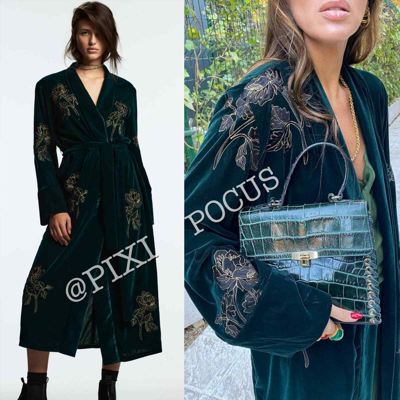 Pre-owned Zara Limited Edition Velvet Kimono Dress Embroidered Green Xs -  Xxl 2731/342 | ModeSens