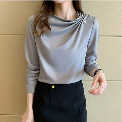 Pre-owned Blouse Elegant Chiffon Beading Satin Long Sleeve  In Gray