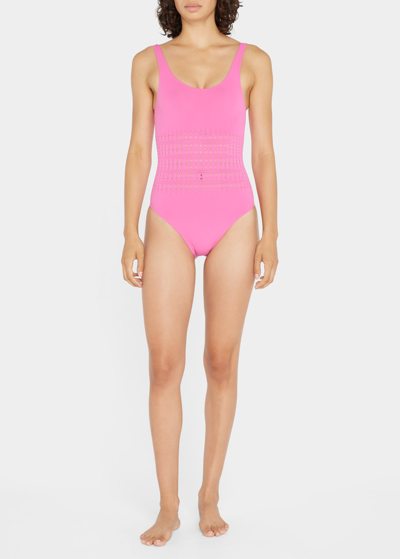 Shop Alaïa Laser-cut Corset One-piece Swimsuit In Rose Fluo