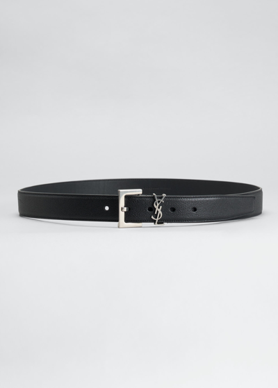 Shop Saint Laurent Ysl Cintura Box Leather Belt In Black/silver