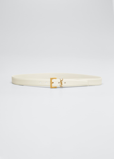 Saint Laurent Cassandre Leather Belt With Monogram Loop In Cream/bronze