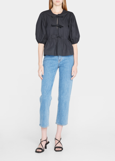 Shop Ganni Poplin Front-tie Peplum Blouse With Puffed-sleeves In Black