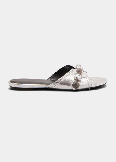 Shop Balenciaga Cagole Metallic Stud Flat Sandals In Silver