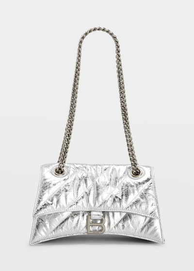 Shop Balenciaga Crush Small Quilted Metallic Chain Shoulder Bag In Silver
