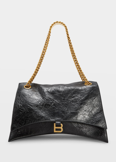 Shop Balenciaga Crush Large Crinkled Leather Chain Shoulder Bag In Black