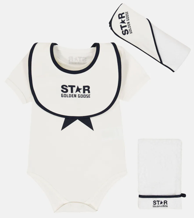 Shop Golden Goose Baby Cotton Romper, Bib And Set Of 2 Towels In White/navy Blue
