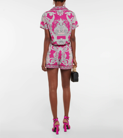 Shop Versace Baroque Cropped Pajama Top In Fuxia+english Rose