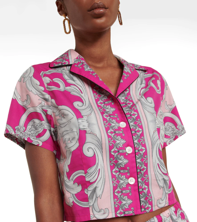Shop Versace Baroque Cropped Pajama Top In Fuxia+english Rose