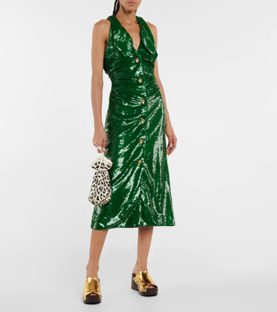 Shop Ganni Sequined Ruched Midi Dress In Kelly Green