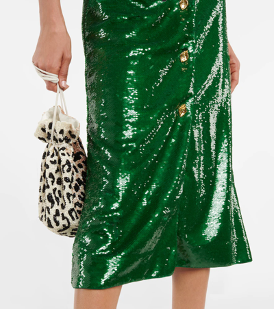 Shop Ganni Sequined Ruched Midi Dress In Kelly Green