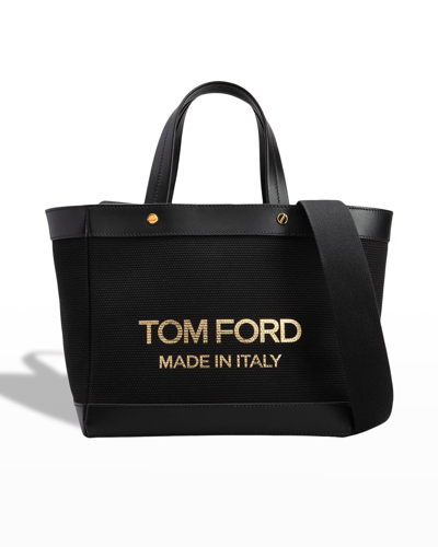 Shop Tom Ford Canvas Mini Logo Shopping Tote Bag In Black Gold