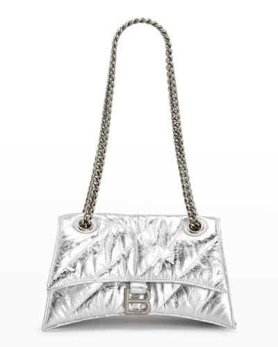 Shop Balenciaga Crush Small Quilted Metallic Chain Shoulder Bag In Silver