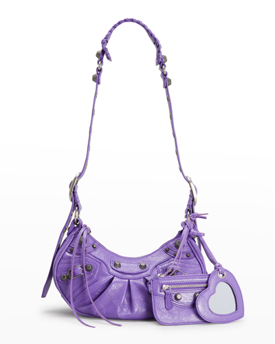 Shop Balenciaga Cagole Xs Studded Leather Shoulder Bag In Purple