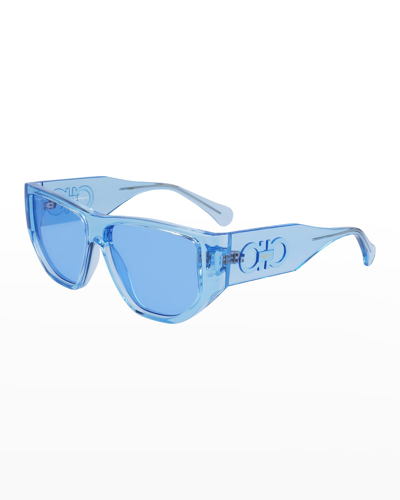 Shop Ferragamo Monochrome Rectangle Plastic Sunglasses In Transparent Azure
