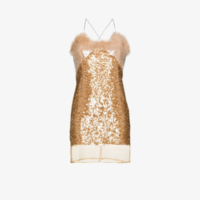 Shop 16arlington Gold Umaia Feather Trim Sequinned Dress In Neutrals