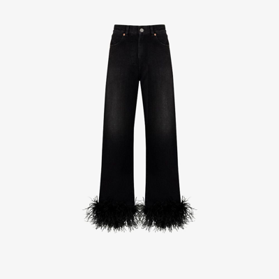 Shop Valentino Black Straight Leg Feather Trim Jeans