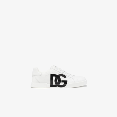 Shop Dolce & Gabbana Teen White Logo Low Top Leather Sneakers