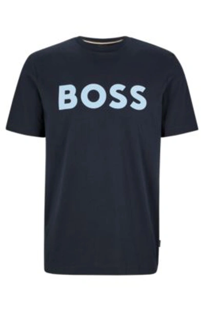 Shop Hugo Boss Flock-print Logo T-shirt In Cotton Jersey In Dark Blue