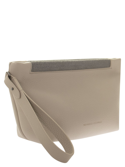 Shop Brunello Cucinelli Soft Clutch Bag In Texture Calfskin With Precious Opening In Neutrals