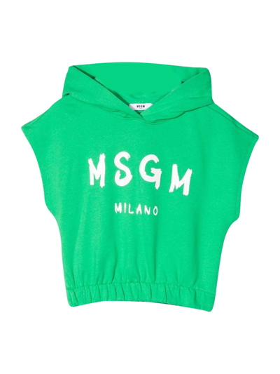 Shop Msgm Green Girl Sweatshirt With Hood And White Print