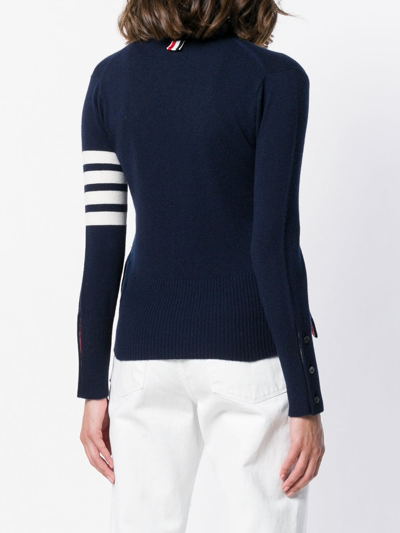 Shop Thom Browne Women Classic V Neck Cardigan In Cashmere With White 4 Bar Sleeve Stripe In 415 Navy