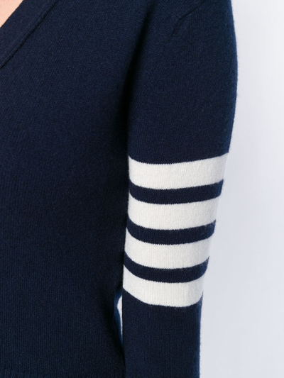 Shop Thom Browne Women Classic V Neck Cardigan In Cashmere With White 4 Bar Sleeve Stripe In 415 Navy