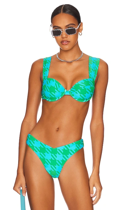 Shop Weworewhat Claudia Bikini Top In Aqua & Kelly Green Houndstooth