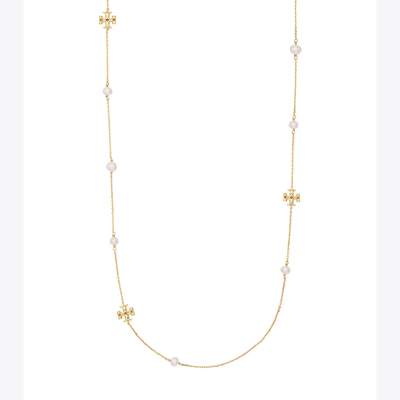 Shop Tory Burch Kira Pearl Delicate Long Necklace In Tory Gold / Pearl