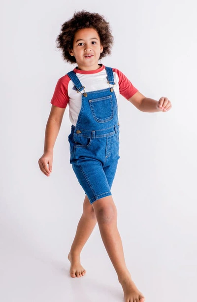 Shop Dotty Dungarees Kids' Stonewash Stretch Cotton Denim Shortalls In Blue