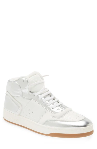 Shop Saint Laurent Mid Top Metallic Overlay Sneaker In White/ Argento/ Blan