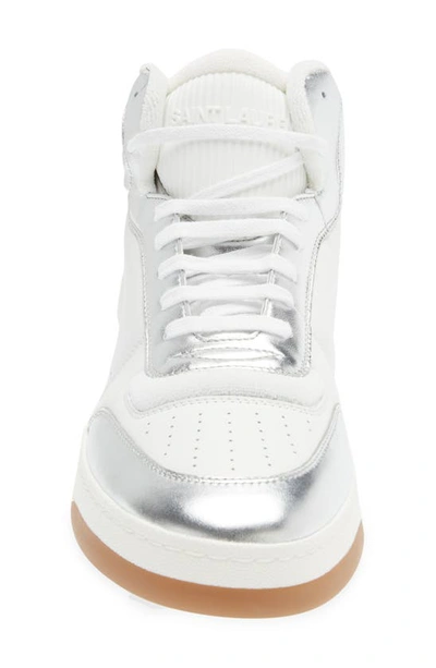 Shop Saint Laurent Mid Top Metallic Overlay Sneaker In White/ Argento/ Blan