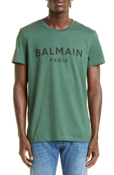 Shop Balmain Flocked Logo Cotton T-shirt In Udd Vert Bouteille/ Noir