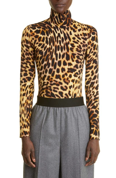 Stella Mccartney Cheetah Print Long Sleeve Turtleneck Bodysuit In Tortoise Shell