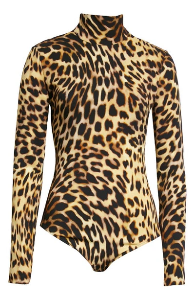 Shop Stella Mccartney Cheetah Print Long Sleeve Turtleneck Bodysuit In Tortoise Shell