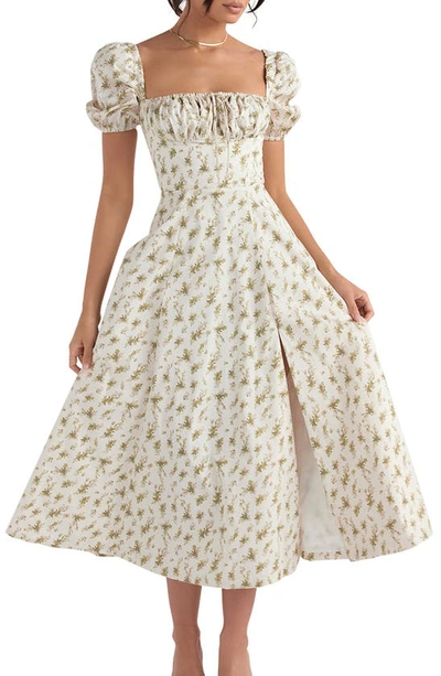 House Of Cb Tallulah Puffed-sleeve Woven Midi Dress In Garden Print