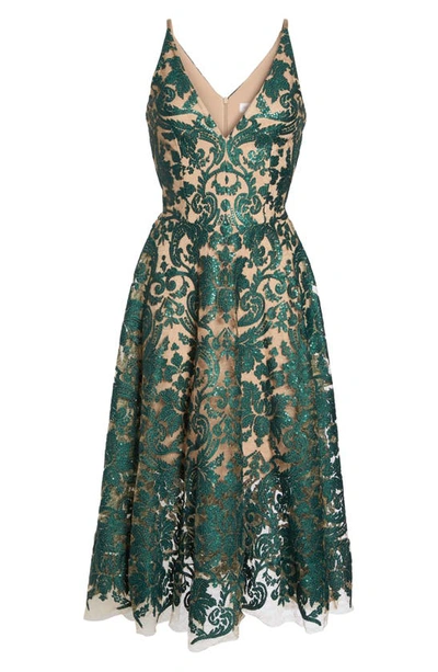 Shop Dress The Population Blair Embellished Fit & Flare Dress In Emerald/ Nude