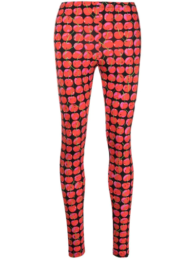 Shop La Doublej Cherry-print Mid-rise Leggings In Black