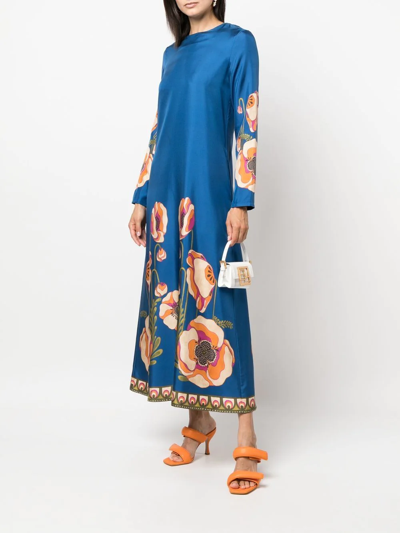 Shop La Doublej Floral-print Long-sleeved Dress In Blue