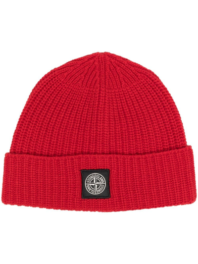 Stone Island Red Ribbed Wool Hat With Logo Man | ModeSens