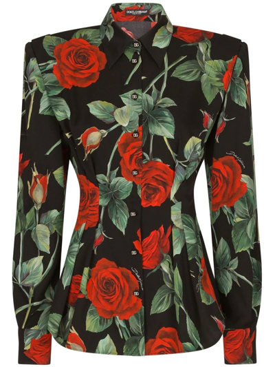 Shop Dolce & Gabbana Shoulder-pad Rose-print Shirt In Black