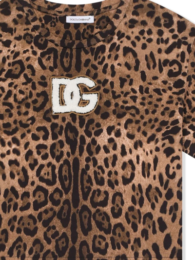 Dolce & Gabbana Dolce&gabbana Kids' Logo Patch Leopard Print Cotton T-shirt In Braun