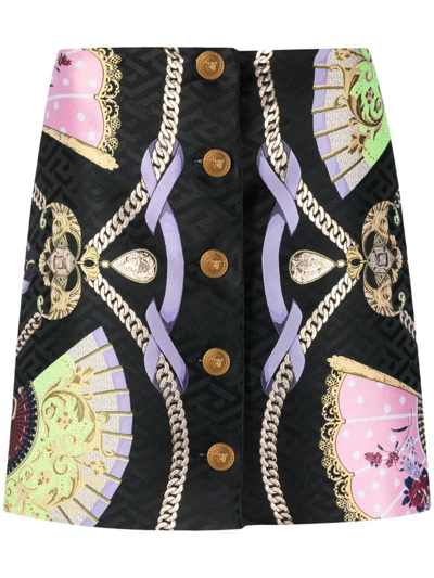 Shop Versace Graphic-print Medusa Head Button Skirt In Black