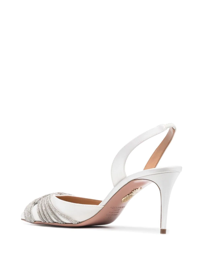 Aquazzura Gatsby 75 Crystal-embellished Satin Slingback Pumps In White