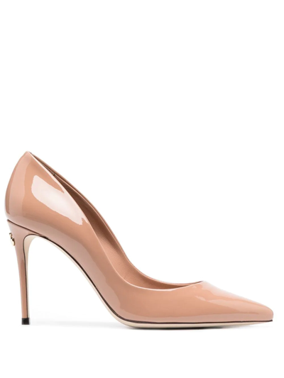 Shop Dolce & Gabbana Patent-leather 90mm Pointed Pumps In Neutrals