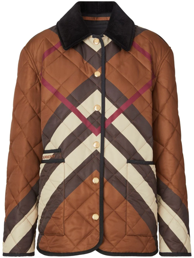 Shop Burberry Chevron Check Quilted Jacket In Braun