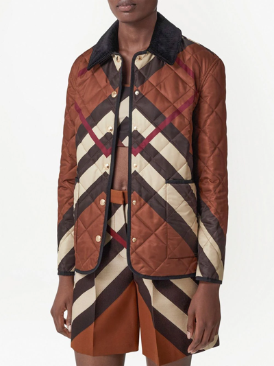 Shop Burberry Chevron Check Quilted Jacket In Braun