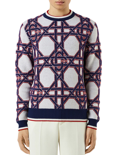 Shop Casablanca Monogram Wicker Knit Crewneck Sweater In Red White Blue